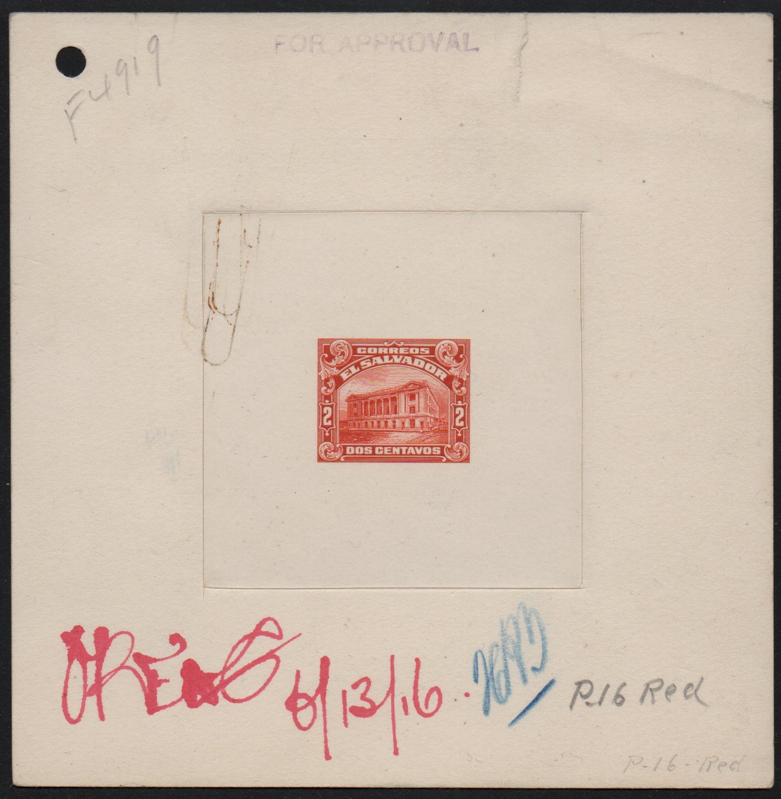 ABN Co. stamp archive working die proof of 2c - front - timbres-poste Briefmarken stamps El Salvador Tram Trolley Tranvia National Theatre teatro nacional 
